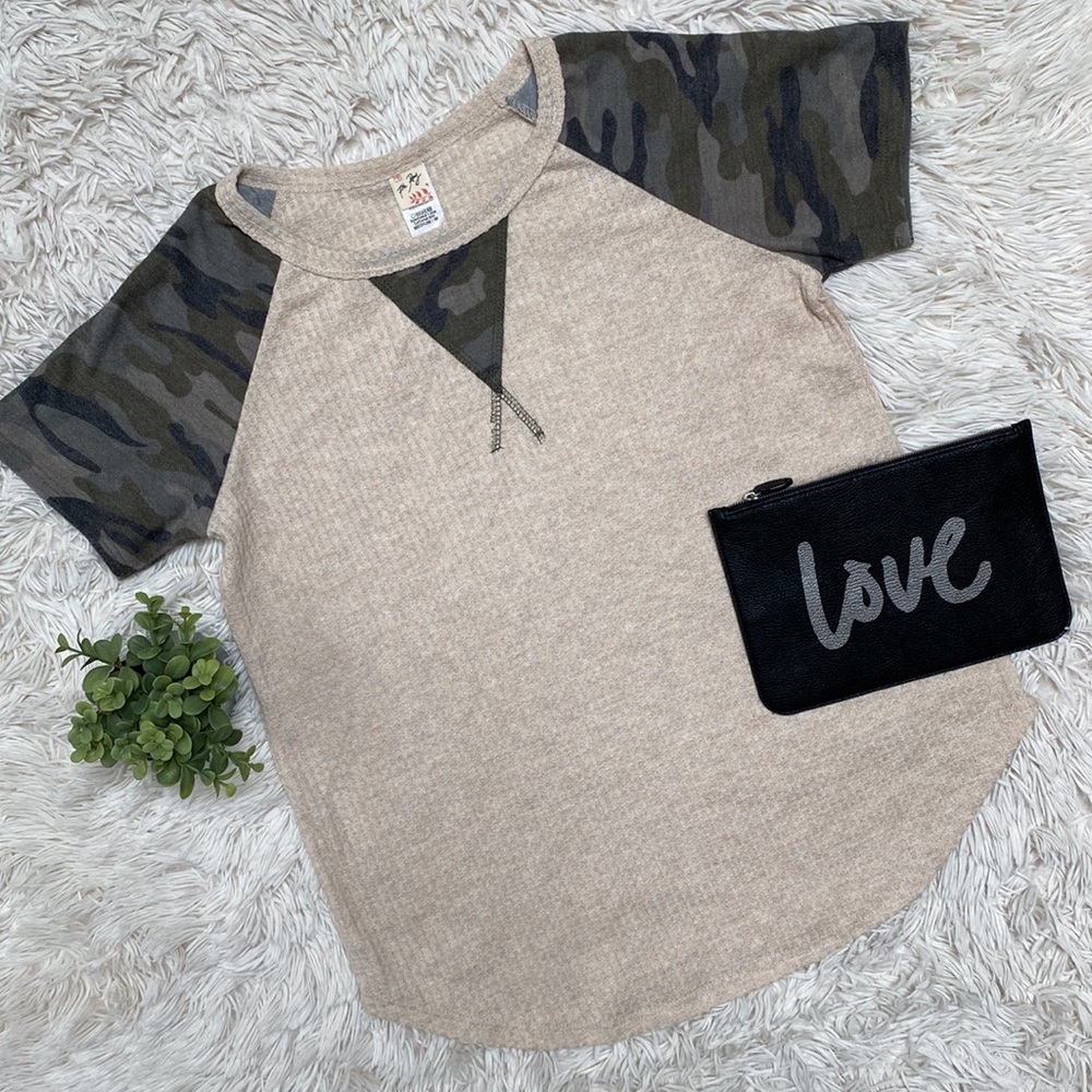 7th Ray Waffle & Camo SS Top💗 Tan & Olive